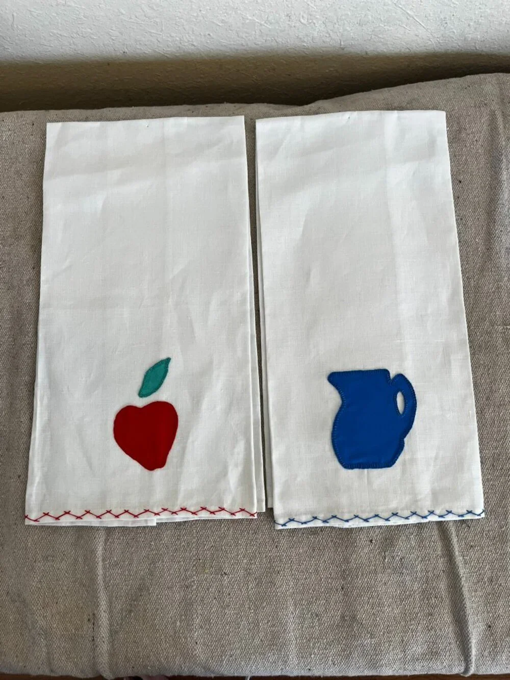 Vintage Handmade Embroidered Farm-House Country Linen Tea Towels